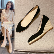 Hemp Bottom Light Mouth Single Shoe Woman 2022 Spring New Genuine Leather Custard Slope Heel Shoe Pine Pastry High Heels name Yuanyuan OL 100 lap