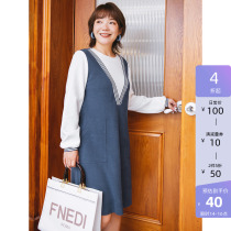 (clear cabin RMB100 ) Large-size womens dress 2022 Fat younger sister Spring dress Collision Color Fake two knit milled sweater dress