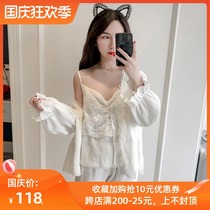 Retro court cotton pajamas female summer three-piece sexy sling suit Spring and Autumn long sleeve cute fairy home wear