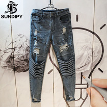 Trend spring and autumn Korean denim trousers personality washed holes splashed ink beggar street small feet pants gray blue