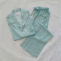 2022 new products spring Tiffi ni blue striped real silk sleepwear woman spring autumn ice silk long sleeve long pants two pieces