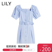 (the same model in the store) LILY2021 spring new women's French square collar cotton waist bubble sleeve dress