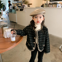 Girls small fragrant wind Short round collar jacket 2021 autumn and winter Korean version of the female baby Mao the black temperament blouse