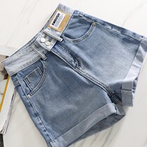 High waist denim shorts female summer Korean version light blue 2022 spring new European station broadleg loose a character hot pants