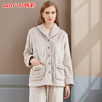 Han Cai 2021 new autumn and winter flannel pajamas women long sleeve thick warm coral velvet women home clothing set