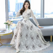 Chiffon Jacquard Long Sleeve Dress 2021 Spring and Autumn New Dress Waist Beach Bow Long Dress Women