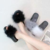 2019 new thick bottom fluffy slippers female summer feather ultra-high heel word drag fashion outside wear slope heel cool drag 