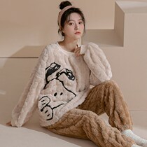 Sleepwear Women Autumn Winter Long Sleeves Warm Comfort Coral Suede Round Collar Cover Head Thickened Flannel Minimalist Home Suit Suit