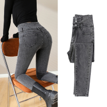 Autumn and winter womens super high-waisted jeans 2021 New slim slim high feet tight-fitting pants