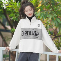 2020 new autumn and winter plus velvet letters sweatshirt female loose blouse Short Thickened Neckline Student Coat