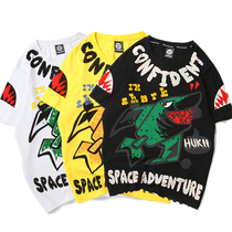 Hong Kong Tide Mens Fashion Personality Creative Shark Print Short Sleeve T-shirt Male Large Size Loose Student Couple Shirt