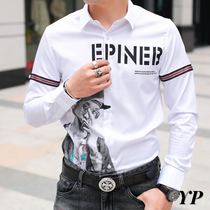 White shirt men Spring Tide brand elastic slim white shirt European Station young handsome long sleeve printed mens shirt
