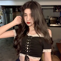  2021 new summer black short umbilical stitching short-sleeved top womens loose net red ins super fire T-shirt tide