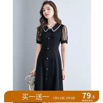 New summer 2021 womens black single-breasted lace lace sleeve doll collar dress