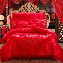 High-end Wedding Celebration Large Red Pure Cotton Full Cotton Lace Bed Skirt Bed Cover Sheets 1 5m1 8m2 Mi Four Pieces Sleeves
