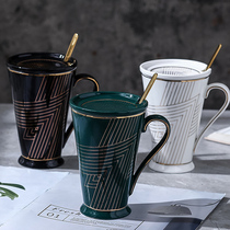 Creative ceramic cup mark drinking water cup men and women couples Nordic home personality milk coffee cup with lid spoon