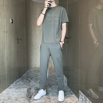 Mens t-shirt Short sleeve Mens matching sports suit Summer thin section linen ice silk loose T-shirt Casual summer T-shirt