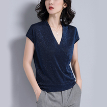 Miama Shiman flagship store official website V-neck short-sleeved knitted T-shirt womens 2022 summer new loose ice silk top