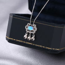 s925 pure silver moon light stone safety lock necklace woman brief bell long life lock pendant lock bone chain temperament sending gift