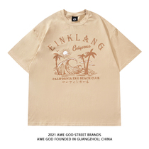 AWE GOD American retro wave sunset print short-sleeved T-shirt men and women street style loose casual top tide