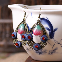 Original ethnic style DIY features handmade jewelry retro earrings Apple stone peacock tail earrings female