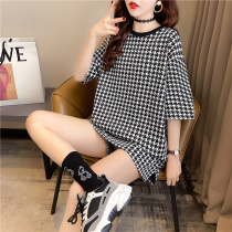 Summer dress 2021 new womens thousand bird grid short sleeve T-shirt female Korean version loose ins Tide brand Foreign Air Age shirt