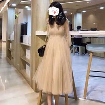 Fan-style one-piece dress for waist display slim gown 2021 early spring fairy veil dress with long style and gentle wind two-piece set