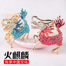 Creative Chinese style Lion Dance Fire Unicorn alloy car keychain lucky rhinestone Diamond keychain bag pendant