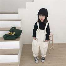 Comfortable cotton Korean spring and autumn boys and girls three-dimensional large pocket casual backpack pants childrens one-piece trousers 060
