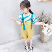 Girls sleeve head suit Korean version striped short sleeve blouse plus back belt pants two sets 2022 summer dress new child load wave