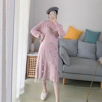 Pregnant women sweater winter loose sling embroidery net gauze pregnant women autumn suit two-piece maternity autumn dress
