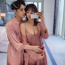 Couple pajamas womens summer Thin Ice Silk sexy suspenders nightgown two-piece mens silk home clothes