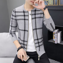 Mens casual plaid sweater cardigan jacket spring and autumn thin sweater jacket Korean slim trend