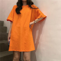 Sleeping skirt female summer new student Korean version of loose short sleeve pajamas Hong Kong wind solid color wind long home clothing