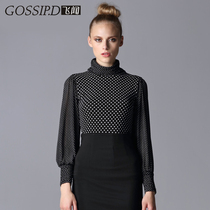 2021 spring autumn OL high neck polka dot slim net gauze base shirt women long sleeve T-shirt