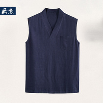 Chinese style summer linen sleeveless T-shirt male loose size V-collar vest cotton sleeve no white shoulder sweat shirt thin