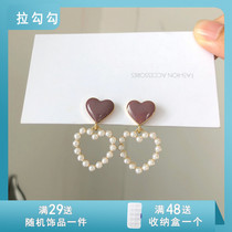 S925 silver needle new wave ear decoration sweet and loving earrings brief pearl peach heart ear nail female small crowdnet red street shooting 21