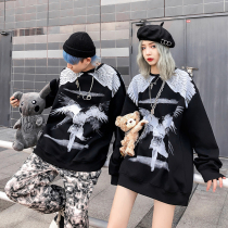 Mr Guochao dark black wings lovers in autumn and winter long-sleeved round neck plus velvet sweater male ins loose large size