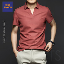 Romon summer mercerized cotton mens V-neck short-sleeved T-shirt cotton lapel half-sleeved ice silk POLO shirt trend business