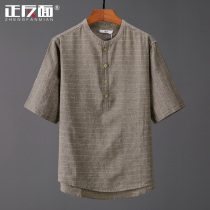 Retro striped upright collar linen short sleeve male shirt breathable and comfortable cotton linen half sleeve shirt linen jersey E