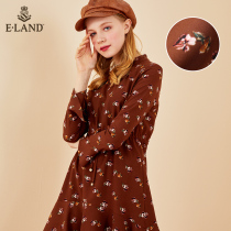 ELAND dress love spring summer sweet floral stand collar lace-up waist Ruffle Long Sleeve Pleated dress ladies