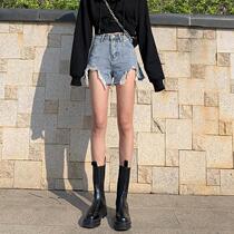 Denim Shorts Women Spring Summer 2021 New Korean Version High Waist A Character Outside Wearing Loose Broadleg Breaking Hole Hot Pants Tide