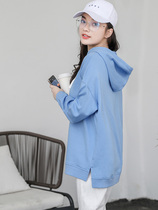 2021 new long waistcoat female spring and autumn Korean version hooded loose haze blue long sleeve top thin ins tide