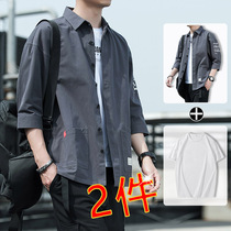 Short-sleeved shirt mens cotton seven-point sleeve summer thin casual handsome summer frock shirt jacket Mens clothing