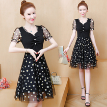 Skirts suitable for fat people plus size womens clothing 2023 summer new design floral small wrinkled chrysanthemum splicing mesh design dress