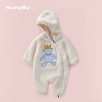 honeysky newborn baby jumpsuit Autumn and winter partial lapel hooded romper climbing suit Newborn baby out clothes