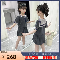 Girl Suit Summer Dress 2022 New CUHK Tong Short Sleeve Foreign Air College Wind Children Half Body Dress Pants Two Sets Skirt