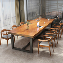 Simple conference table Long table loft solid wood conference table Industrial wind Wrought iron desk American solid wood office furniture
