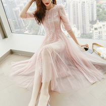 Hepburn gauze lace dress 2021 summer new waist slimming temperament Japanese and Korean wind princess skirt