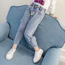 Girls jeans in autumn childrens Korean version of broken pants little girl autumn fashion Harlan Daddy trousers